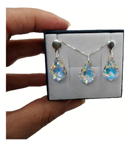 Conjunto Cristal Swarovski Folha Aurora Boreal Em Prata 925