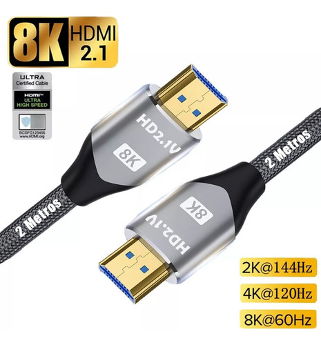 Cabo HDMI 4K Cabo HDMI para TV Entrada HDMI Conector HDMI 2 metros Cabo HDMI 2.1 Vídeo completo 4k 120 hz 8k 60 hz 48 gbps para laptop Ps5 Xbox Silver Tv Jeeyee