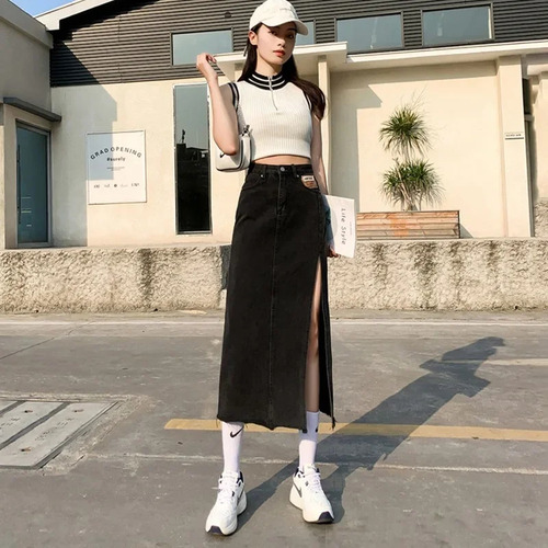 Moda De Verano De Mujer Con Falda Midi De Mezclilla De Cintu
