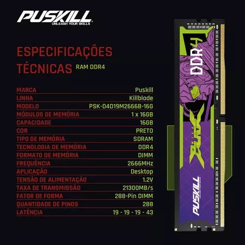 Memória Ram Desktop Gamer Puskill Killblade 16gb Ddr4 2666mh