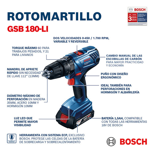 Taladro Atornillador Percutor Bosch Gsb 180-li Sin Batería