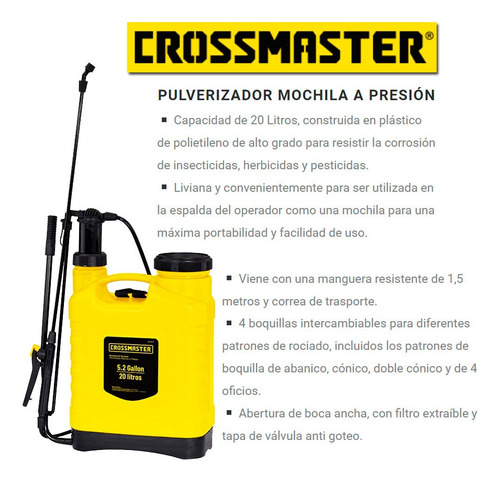 Pulverizador Mochila A Presión Manual 20 Lts Crossmaster