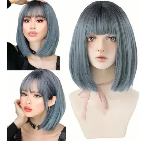 / Moda Mujer Peluca Natural Corta Color Azul Fibra Sintética