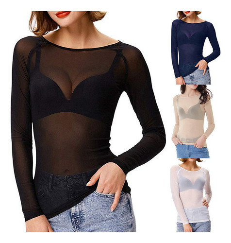 Tops Camisa De Malla Moldeadora De Brazo Transparente Sin Co