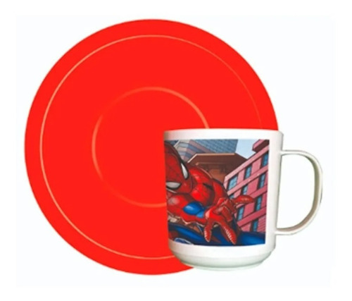 Taza Con Plato Plástico Infantil Spiderman Hombre Araña