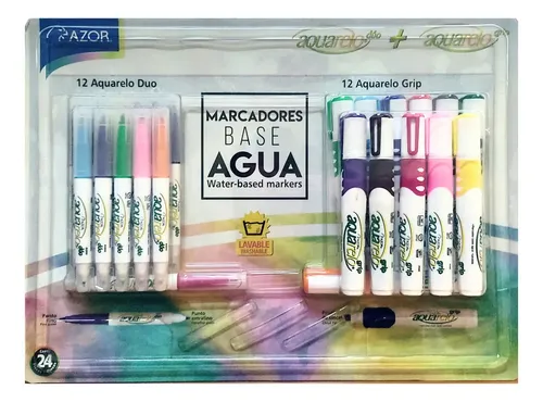 Kit Marcadores Base Agua Y Plumones Azor Aquarelo 24 Piezas | MercadoLibre