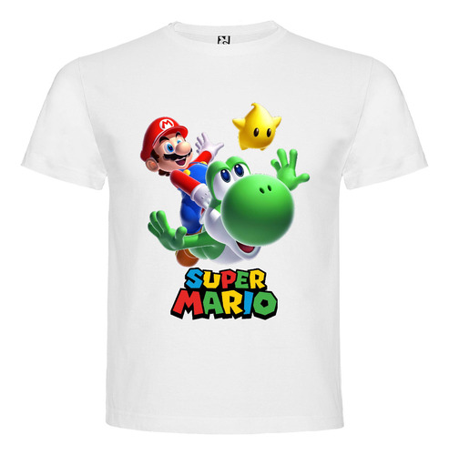 Polera Blanca Algodón 100% Niños Mario Bros Yoshi Estrella