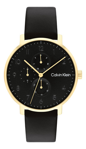 Reloj Calvin Klein Multifunción Minimalista Correa Negro Bisel Dorado Fondo Negro