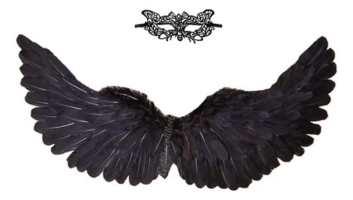 Alas De Angel Plumas Negras + Antifaz Negro Adulto Halloween