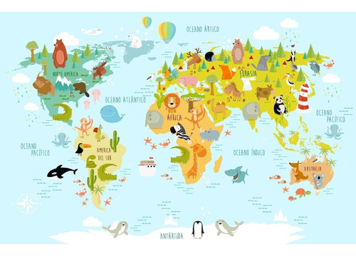 Imagen 3 de 9 de Vinilos Decorativos Mapamundi Infantil - Mapa Animales