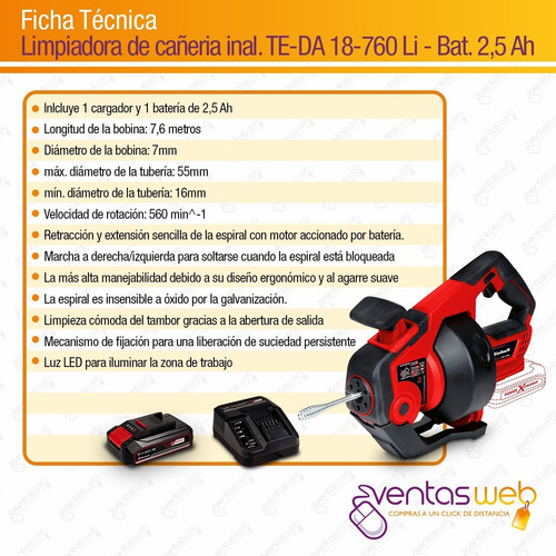 Imagen 9 de 10 de Maquina Destapa Cañeria Inalambrica Einhell Bateria 2,5 Amp