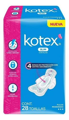 2 Pza Toallas Femeninas Kotex Slim Ultradelgada Con Alas Flu