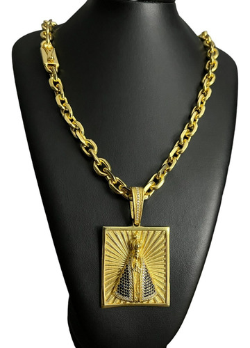 Cordão 12mm Cadeado + Nossa Senhora Cravejado Banhado A Ouro