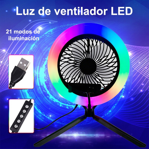 Mini Ventilador Escritorio Con Aro Luz Led Rgb Trípode Mesa 25 Cm Negro Blanco Plástico 5