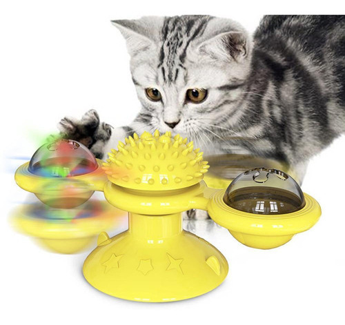 Moinho De Vento Brinquedo Gatos Giratório C/ Erva E Bola Luz Cor Amarelo