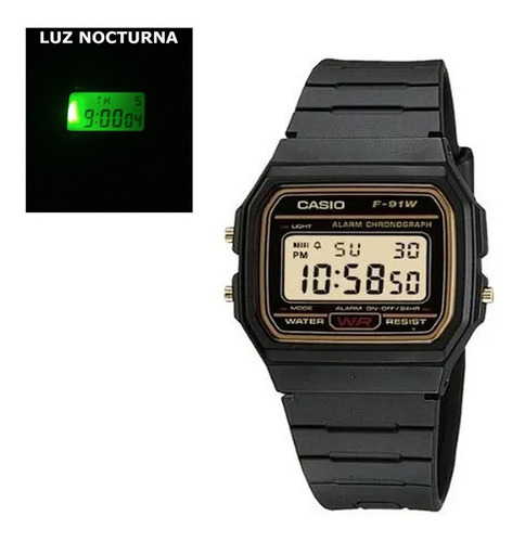 Reloj de pulsera Casio Collection F-91 de cuerpo color negro, digital, fondo dorado, con correa de resina color negro, dial negro, minutero/segundero negro, bisel color dorado y hebilla simple