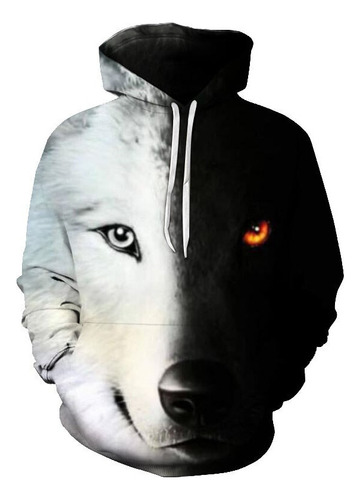 Camiseta Con Capucha Y Estampado De Lobo 3d Cordón Suelto