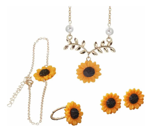 Kit Juego Collar Aretes Pulsera Anillo Girasol Inoxidable