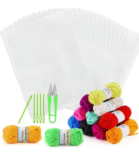 Pllieay 33 piezas de tela de malla pl/ástica que incluye 15 piezas de lona de pl/ástico transparente hilo acr/ílico de 12 colores y herramientas de bordado para bordado de pl/ástico y lienzos artesanales