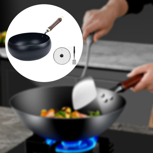 . Olla De Hierro Wok Con Fondo Redondo, Cubierta De Madera