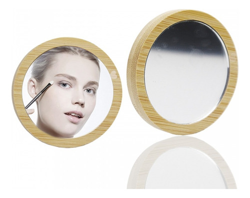 Espejo De Bolsillo En Bambú Redondo Cosmetiquera Maquillaje 