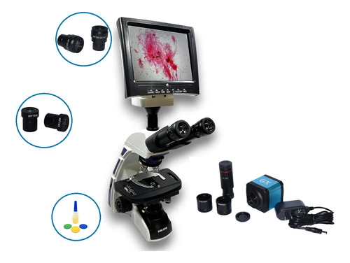 Microscopio Trinocular 1600x C/ Monitor + Câmera 14mp Usb