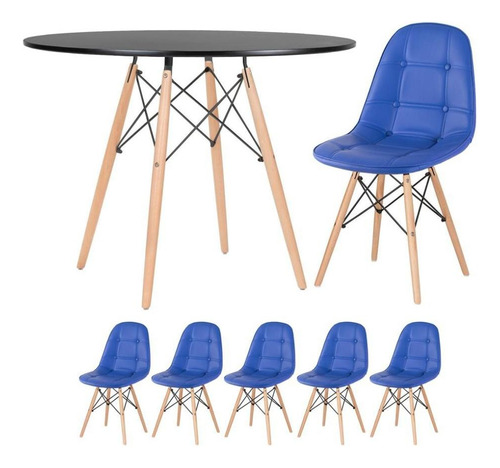 Mesa Jantar Eames Wood 100 Cm + 5 Cadeiras Estofadas Botonê Cor Mesa Preto Com Cadeiras Azul