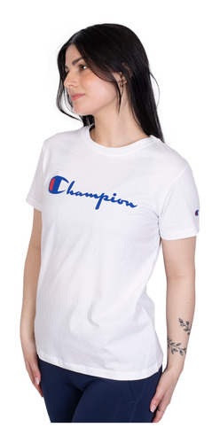 Remera Champion Deportiva Logo Mujer Moda Blanco