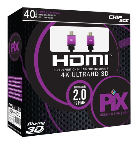 Cabo Hdmi 40 Metros Premium Versão 2.0 4k Ultra Hd 3d Pix