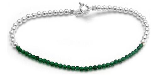 Pulsera Bolitas Y Cristal Verde 18cm De Plata 925