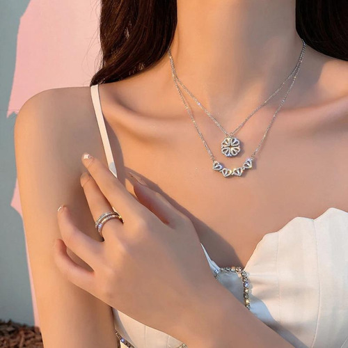 Collar Doble Vista Plata Dije Corazónes Trébol Y Circonias