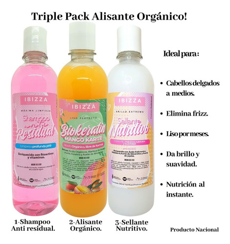Imagen 1 de 5 de Triple Pack Shampoo + Alisante Sin Formol + Crema Acida Liso