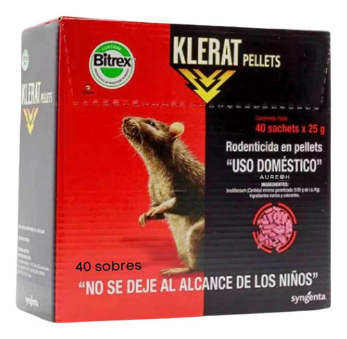 Klerat Pellets Rodenticida Mata Ratas Ratones 40 Sobres 25gr