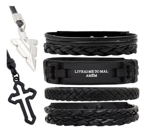 Pulseiras Masculinas Kit C/04 Livrai-me Do Mal + 2 Colares