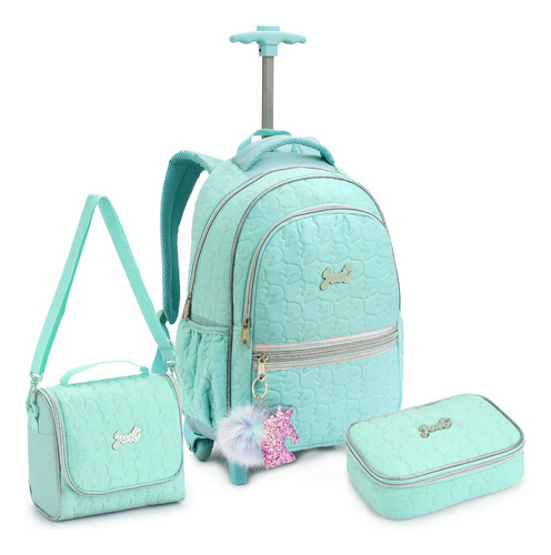 Kit Mochila De Rodinha Estojo Lancheira Matelasse Unicornio