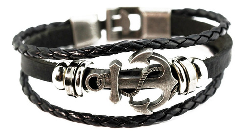 Pulseira Masculina Em Couro Âncora Ajustável Bracelete Moda