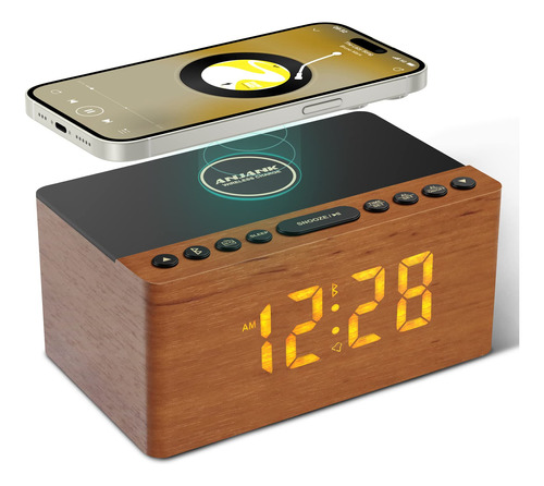 Anjank Reloj Despertador Con Altavoz Bluetooth De Madera Con