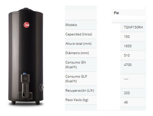 Imagen 2 de 4 de Termotanque Rheem A Gas Natural De Pie Tgnp150rh 150 Litros