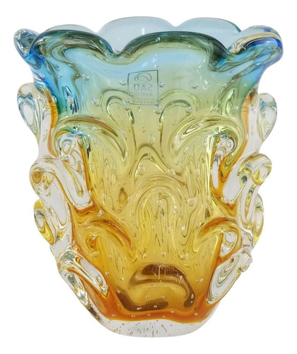 Vaso De Cristal Murano São Marcos - Azul E Âmbar 15cm