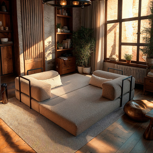 Sofá Cama Casal 2 Em 1 Puff 1,90m Bouclê Cinza Na Caixa Estilo Industrial Moderno Com Base Metal Escandinavo