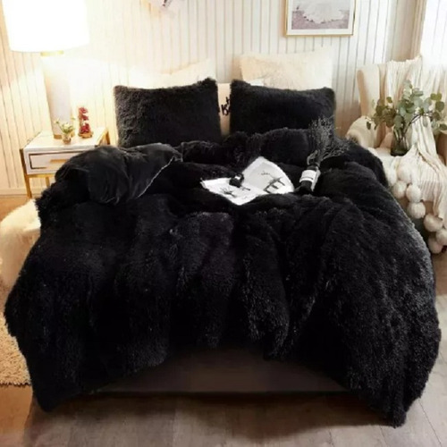 Acolchado Love & Home Pelo largo flannel queen diseño lisa color negro de 240cm x 260cm