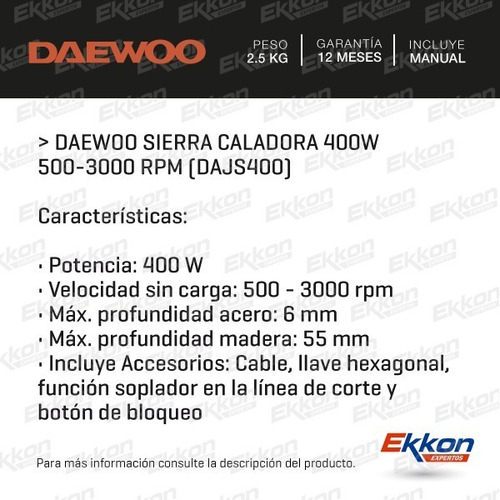 Imagen 2 de 10 de Sierra Caladora Pendular Daewoo 400 Watts 3000 Rpm Vel. Var.