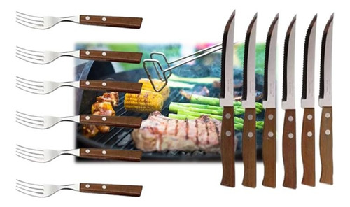 Set 6 Tenedores Y 6 Cuchillos Sierra Asado Madera Parrilla