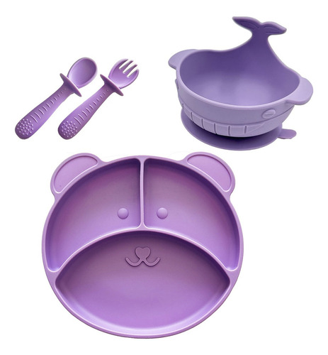 2 Platos Para Bebé Con Divisiones Y Cubiertos En Silicona Color Morado Plato De Oso Y Ballena Personaje Oso Y Ballena