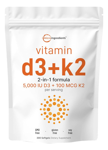 Vitamina D3 + K2 Mk7 5000iu 100mcg 300 Capsulas Blandas Usa