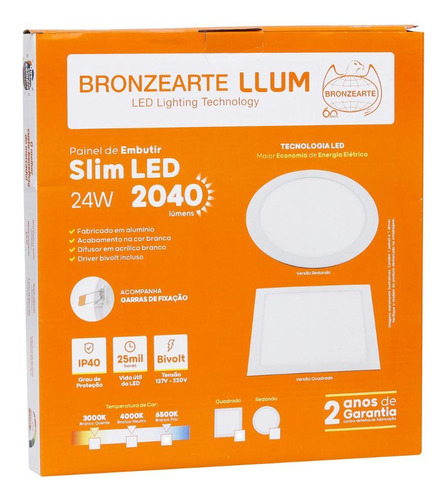 Painel Led Embutir Bronzearte Quadrado 24w Br Quente Bivolt