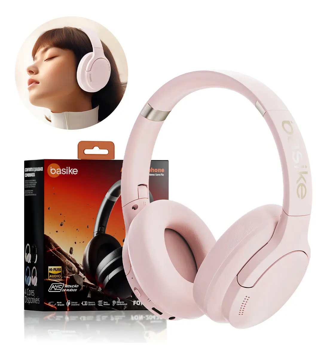 Headset Bluetooth Redução De Ruído Do Anc Hifi Basike Fone de ouvido Headphone Bluetooth5.4 over-ear Sem Fio Com Microfone Até 50h de Bateria Cor Rosa