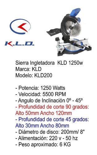 Imagen 2 de 7 de Sierra Ingletadora Kld 200mm 1250w Con Dientes De Widia 40d