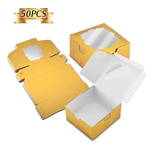 Nplux Paquete De 50 Cajas De Panadería De Oro Con La Ventana