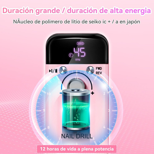 Pulidor De Uñas Profesional Portátil Con Pantalla Digital Rosa